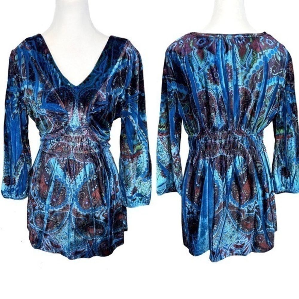Blue Velvet Paisley V-Neck Mini Dress 3/4 Sleeves Boho Fairy Grunge 70s Size L